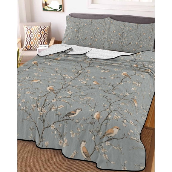 Tree Birds Twin Size Down Alternative Comforter, Lightweight Comforter Quilt Bedding Set with Pillow Shams Vintage Grey Flower Floral Branch Spring All Seasons Bed Comforter Duvet Insert 68"x86"
