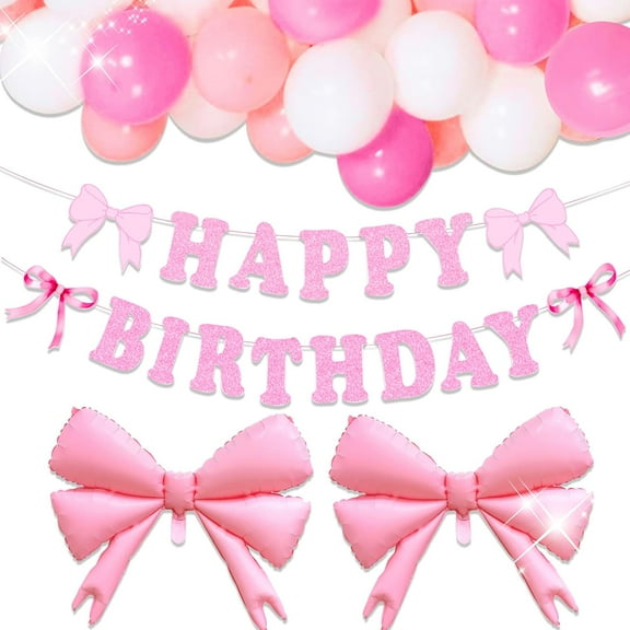 Pink-themed birthday party balloon decoration set - Sweet and girly large bow balloon backdrop decoration