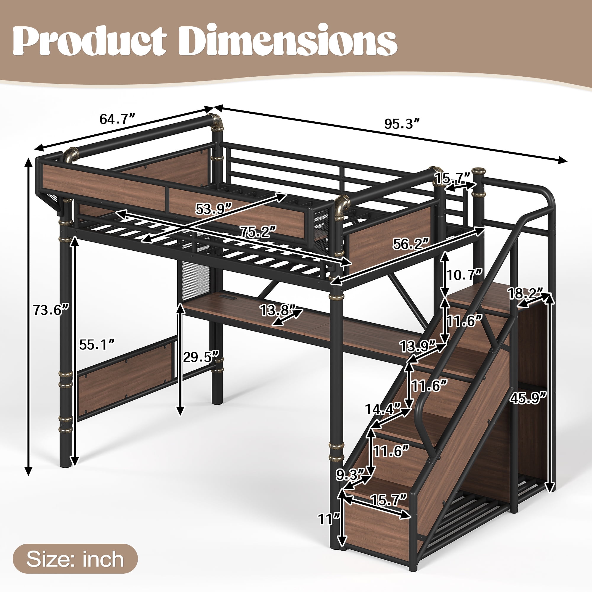 Leumius Full Size Metal Loft Bed with Built-in Desk & Power Outlet, LED Strip, Industrial Metal Loft Bed Frame with Pegboard & Mesh Storage Baskets, Storage Stairs with Wardrobe, Black