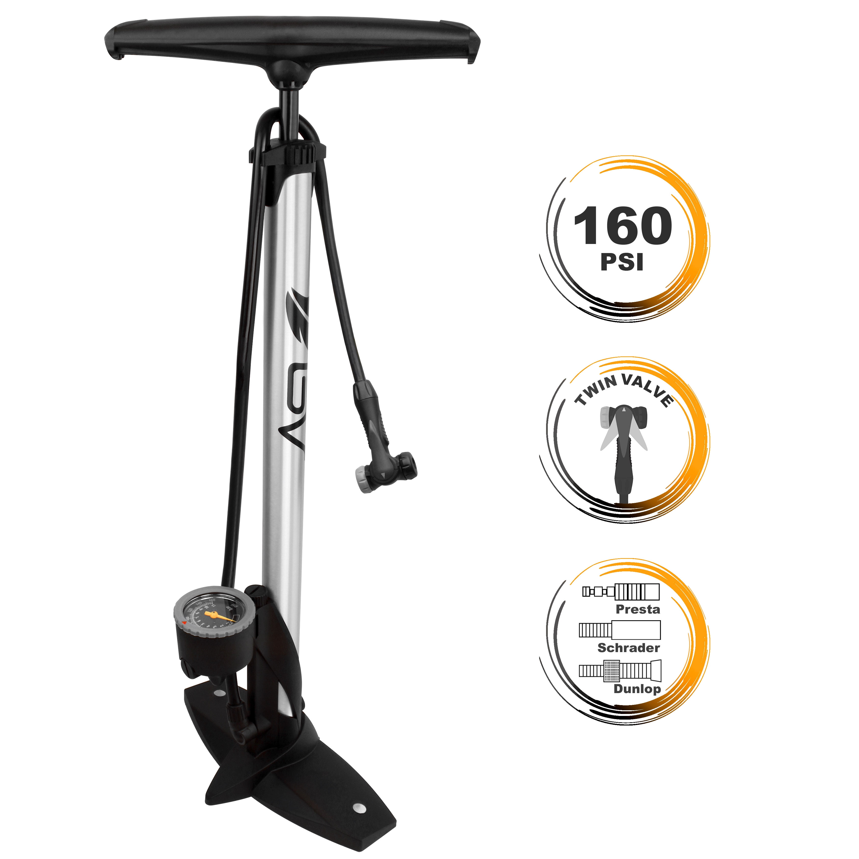 bv bicycle ergonomic bike floor pump with gauge & smart valve head