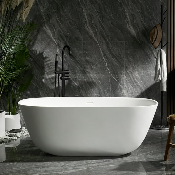 Cpingao (63"Lx31.5"Wx22"T) Stone Resin Solid Surface Freestanding Bathtub, Modern Elegant Design Soaking Stand Alone Tub, Matte White, Chrome Drain and Overflow Included 8823A-1600