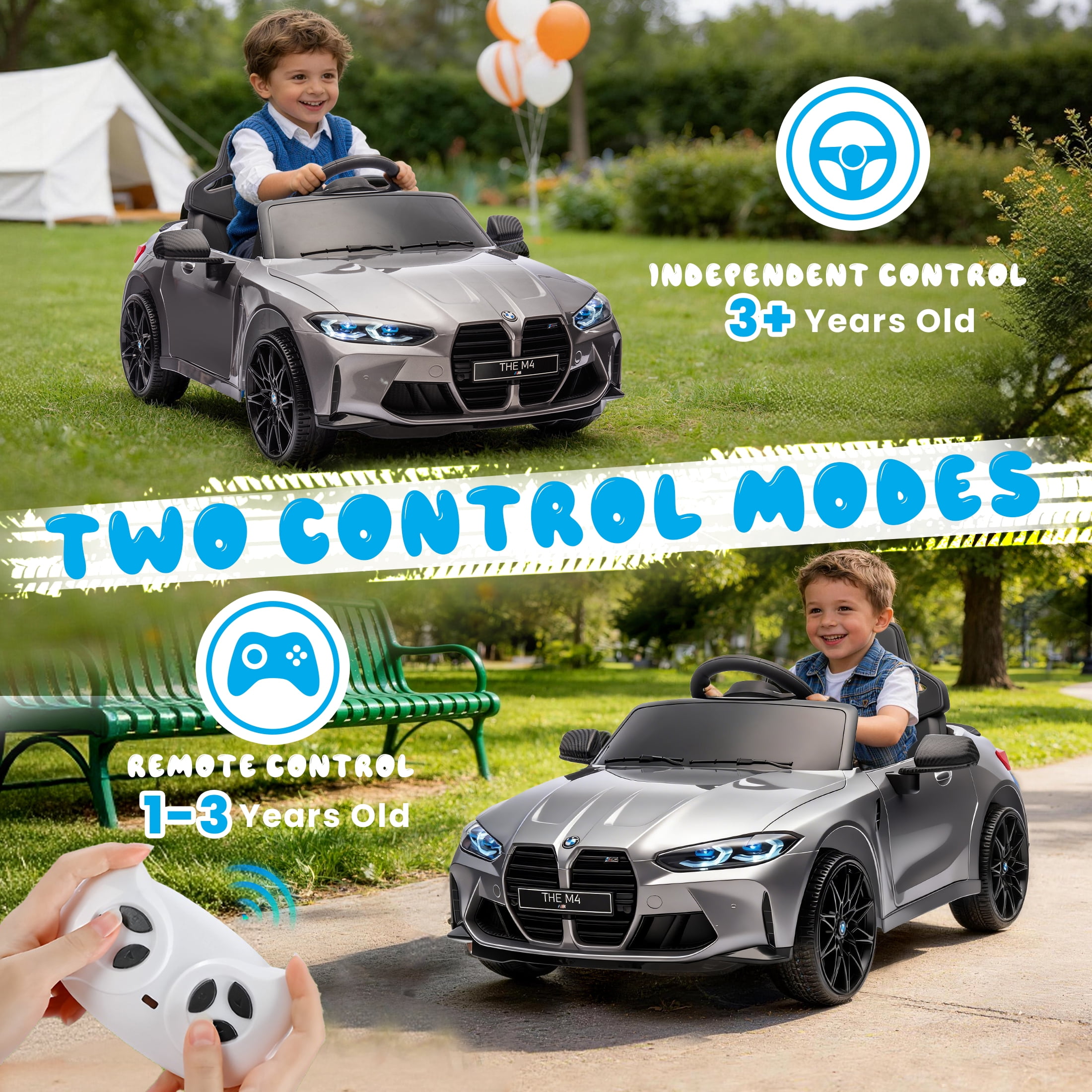 BMW M4 24V Kids Ride On Toy Car with Parents Remote, Electric Car with USB/MP3, Bluetooth, LED Light, Toddler Car with A Handle with Wheels and A Pull, Easy to Carry, Gift for Boys Girls 2-5, Silver