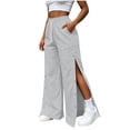thumbnail image 4 of JIAYUE Women's Pants Casual Solid Color Drawstring With Pockets Button Design And Side Slit Long Sweatpants For Daily Lightweight Fashion Beach Vocation Wear, 4 of 9