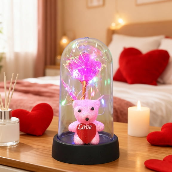 cpengpj Valentine's Day Preserved Flower Teddy Bear Heart Rose Ornament with Ambient Light, Plastic Romantic Gift for Home Decor in Pink Purple Blue Red, 8.5x15.5cm