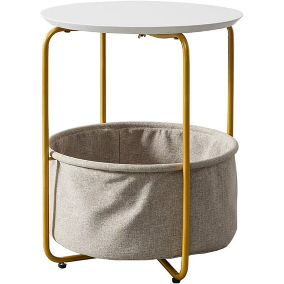 Small round side table with fabric basket, round sofa side table with gold metal frame, small coffee table for living room