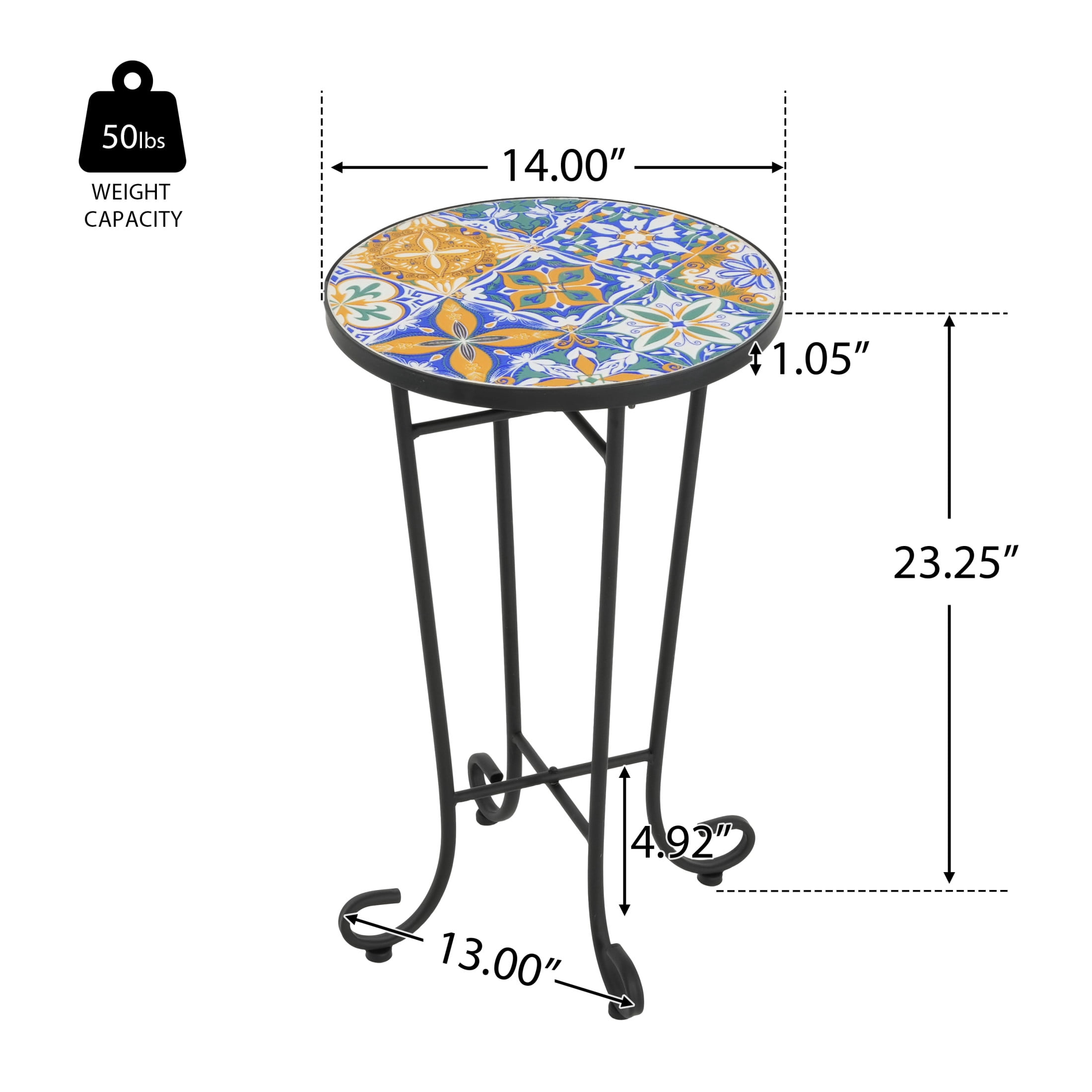Elevate Outdoor Patio Round Side Table, Ceramic Tile, Iron, Black + Colorful