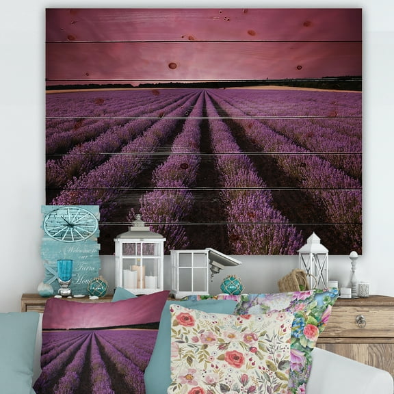 Designart 'Dramatic Clouds and Sunrise Over Lavender Field XI' Farmhouse Print on Natural Pine Wood