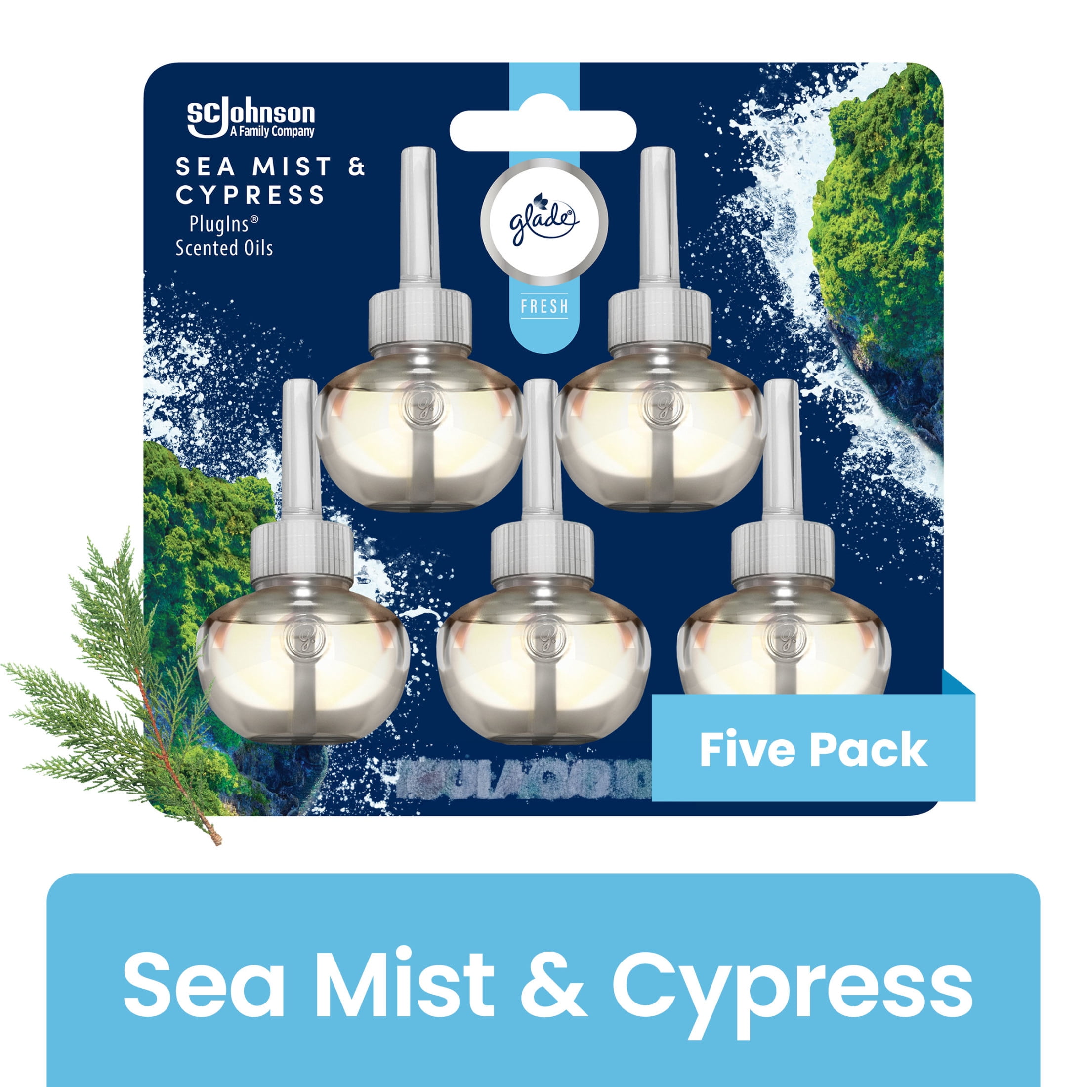 (5 pack) Glade PlugIns Scented Oils Air Freshener Refills, Sea Mist & Cypress, Fresh Collection, 0.67 fl oz Each, 5 Refills