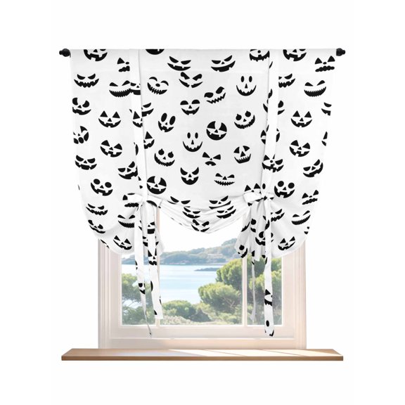 White Halloween Tie Up Curtains for Windows 45 Inch Length Balloon Curtains Kitchen Adjustable Balloon Window Shade Horror Ghost Pumpkin Faces Tie Up Valance Bathroom Curtain Window 42"x45"