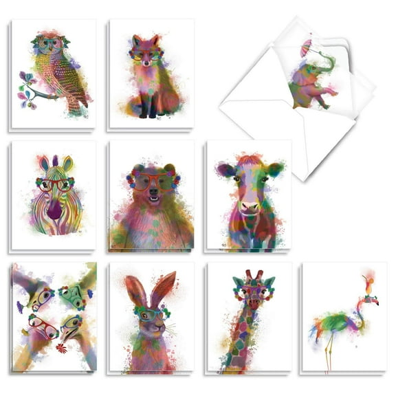 Funky Rainbow Wildlife - 20 Watercolor Blank Note Cards with Envelopes (4 x 5.12 Inch) - Boxed All Occasion Animal Cards - Cute Assorted Notecard Set for Kids (2 Each, 10 Designs) AM4948OC