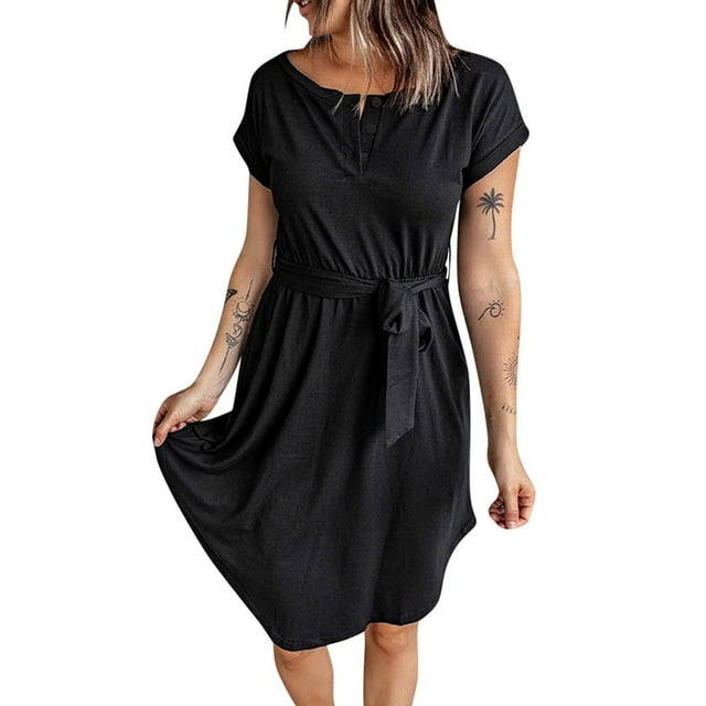 Robes pour Femmes 2024 Été Robes Oversize pour Col en V Boutons Manches Courtes Robe Couleur Unie avec Ceinture Manches Robe Décontractée 50 % de Réduction Liquidation!