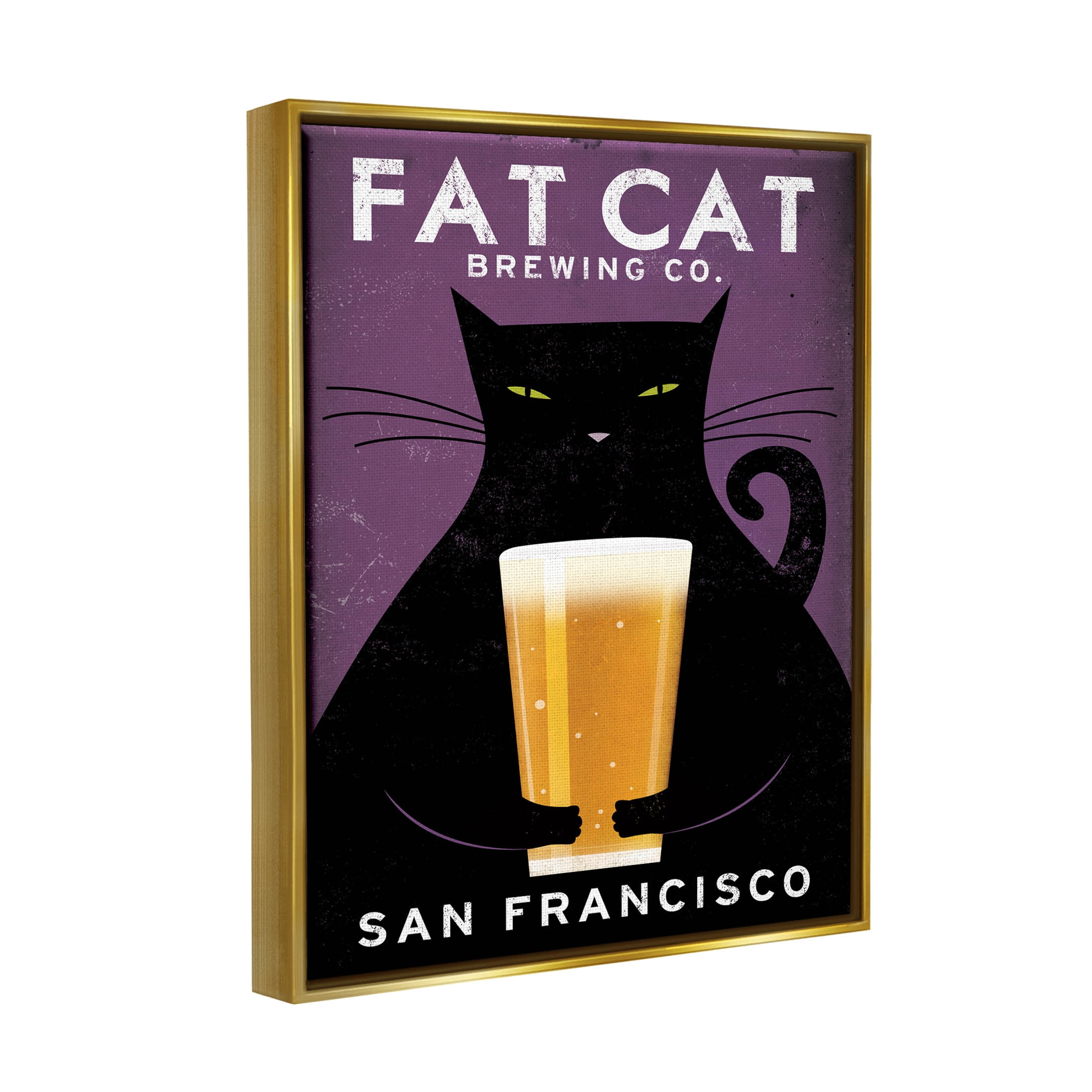 Stupell Industries Fat Cat Brewing Vintage Typography Graphic Art Metallic Gold Floating Framed Canvas Print Wall Art, Design by Ryan Fowler
