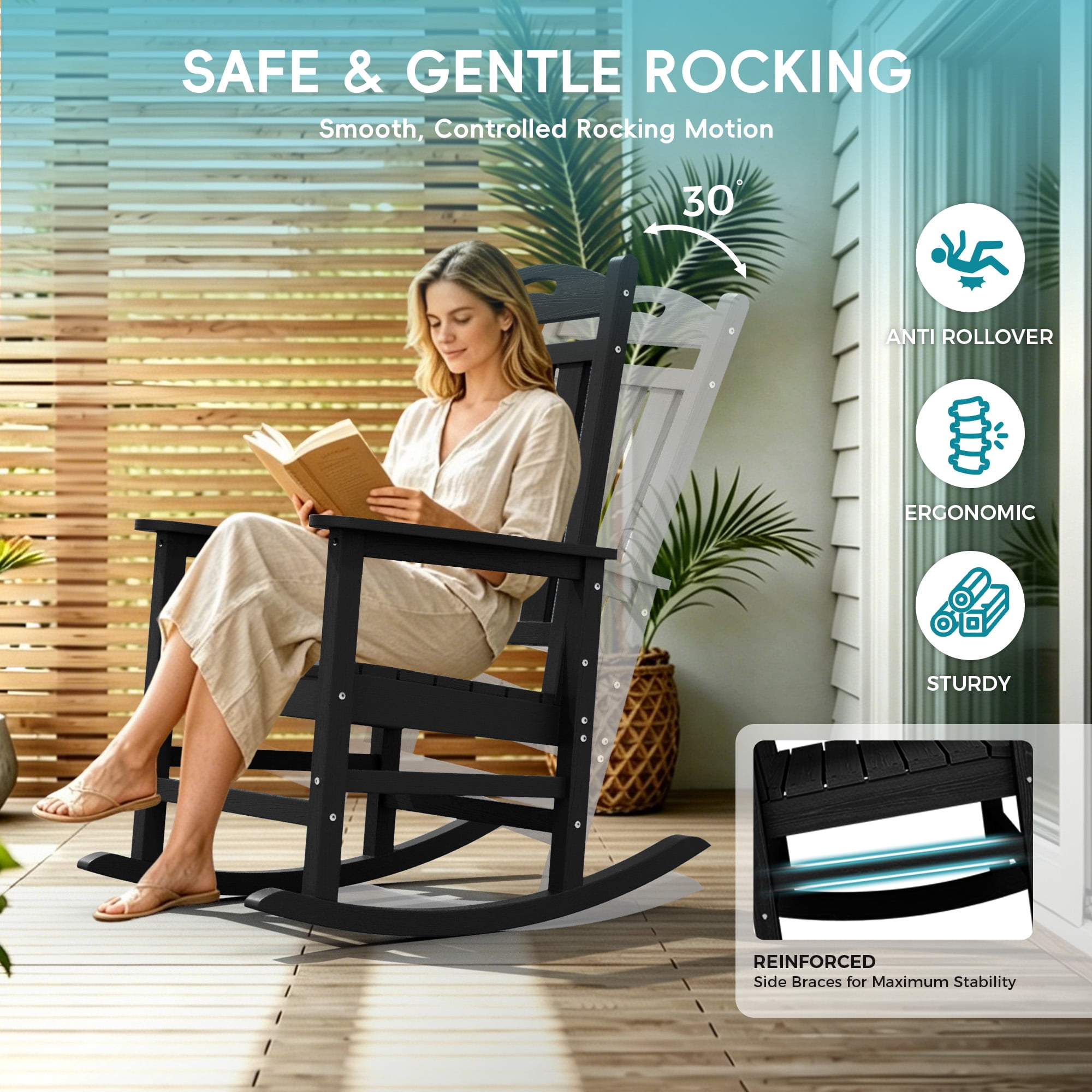 SUUNYN Set of 2 Outdoor Rocking Chairs, HDPE All-Weather Patio Rockers with High Back, 380lbs Heavy Duty, Black