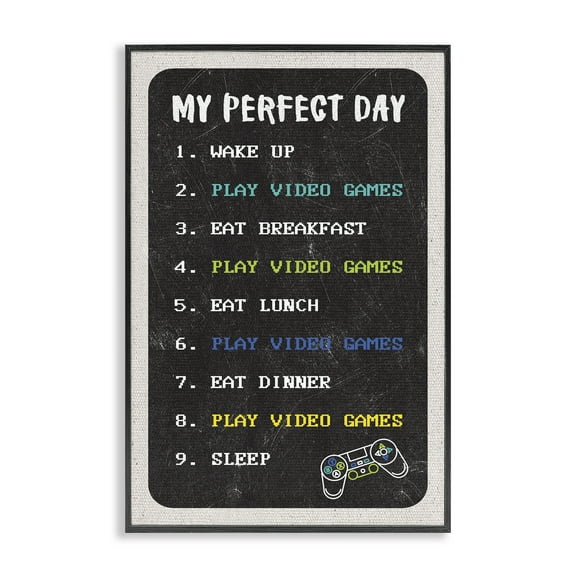 Stupell Industries Perfect Day Gamer Life Typography Painting Black Framed Art Print Wall Art, 12 x 18