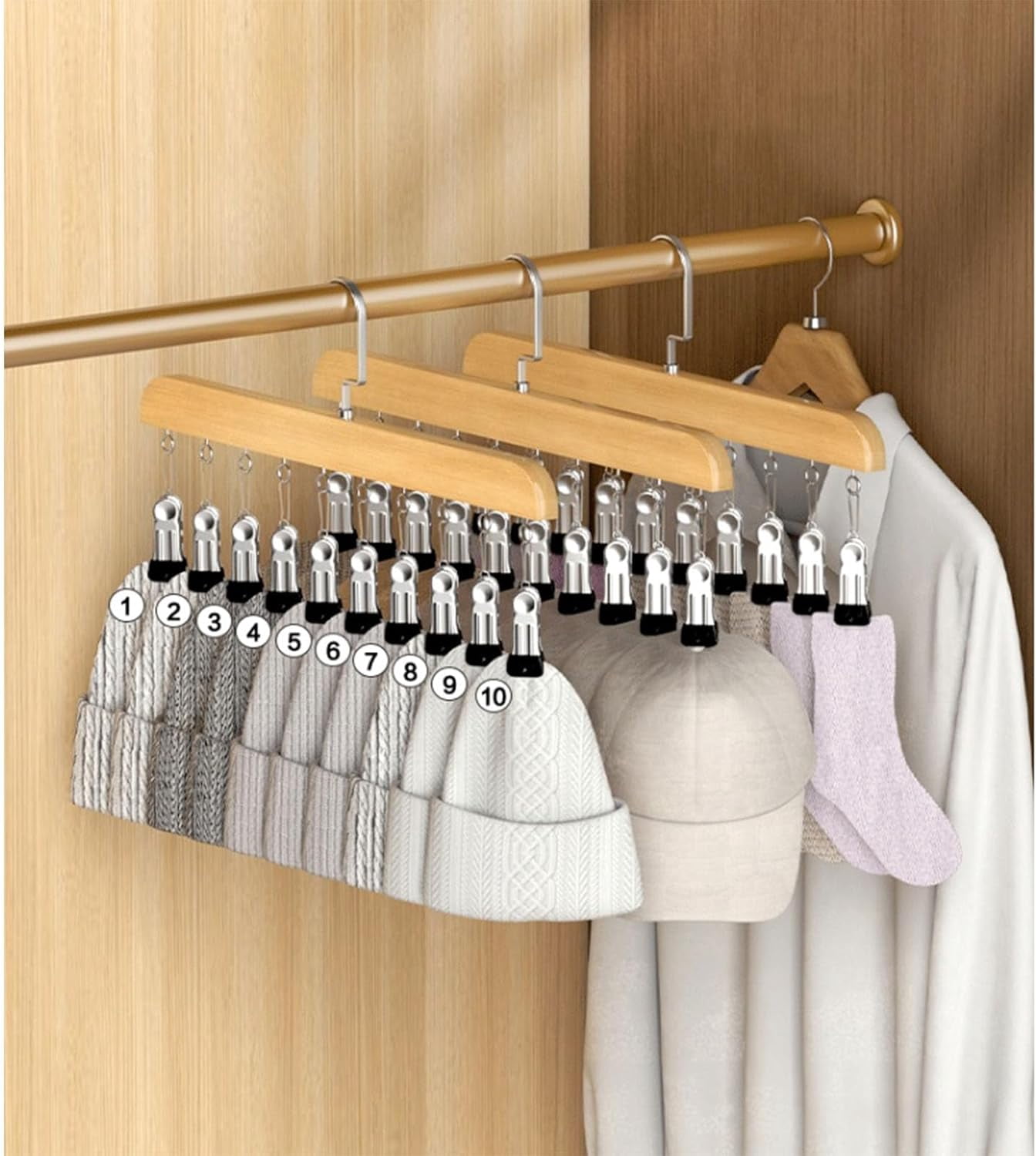 Closet Organizer with 10 Clips, Wooden Pants Hangers with 360° Rotating Hook, Space-Saving Hat Scarf Clothespins for Jeans Skirts Socks