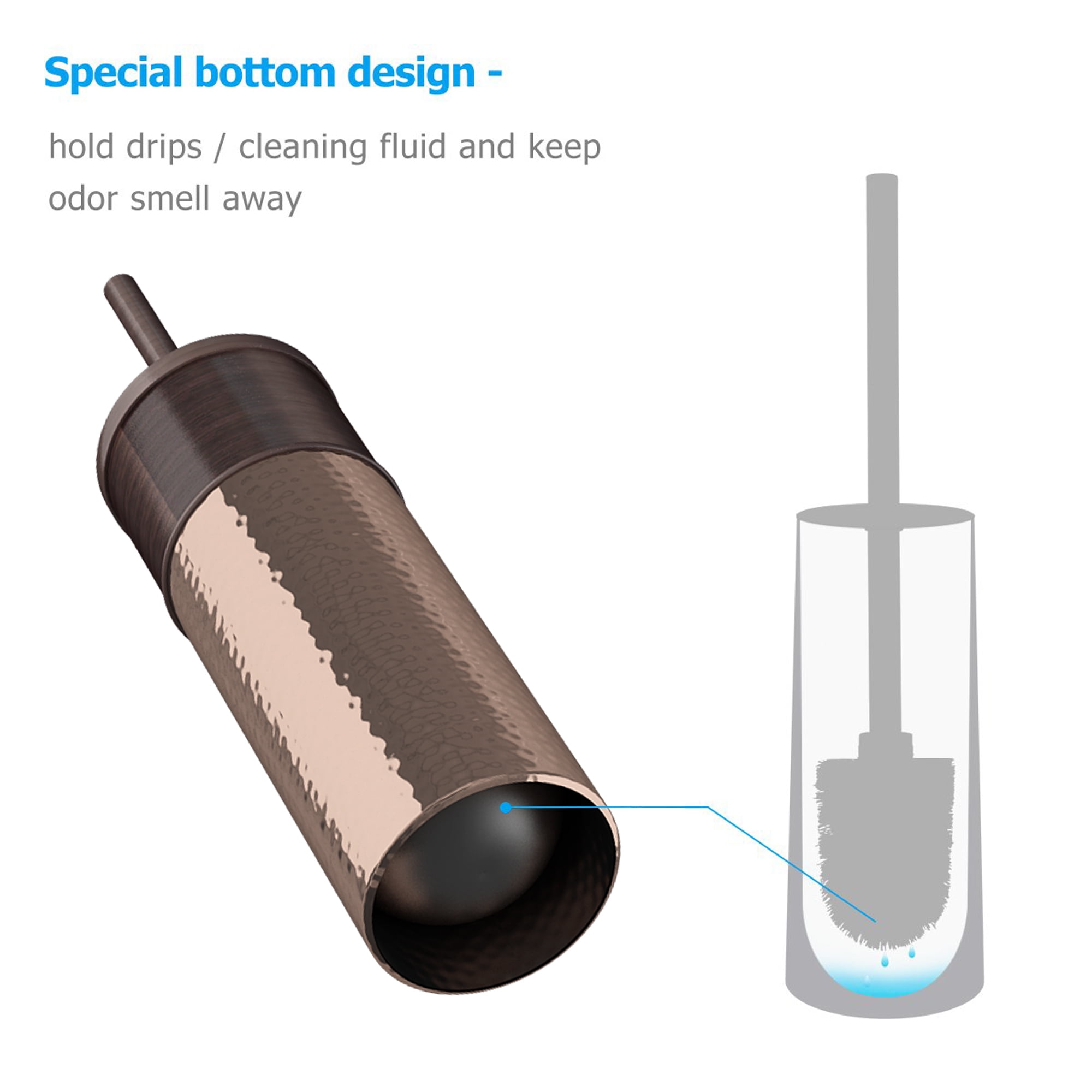 Slim Compact Stainless Steel Toilet Brush Holder For Bathroom Storage - Sturdy, Deep Cleaning, Metal in a Hammered Copper/Orb Finish combination.