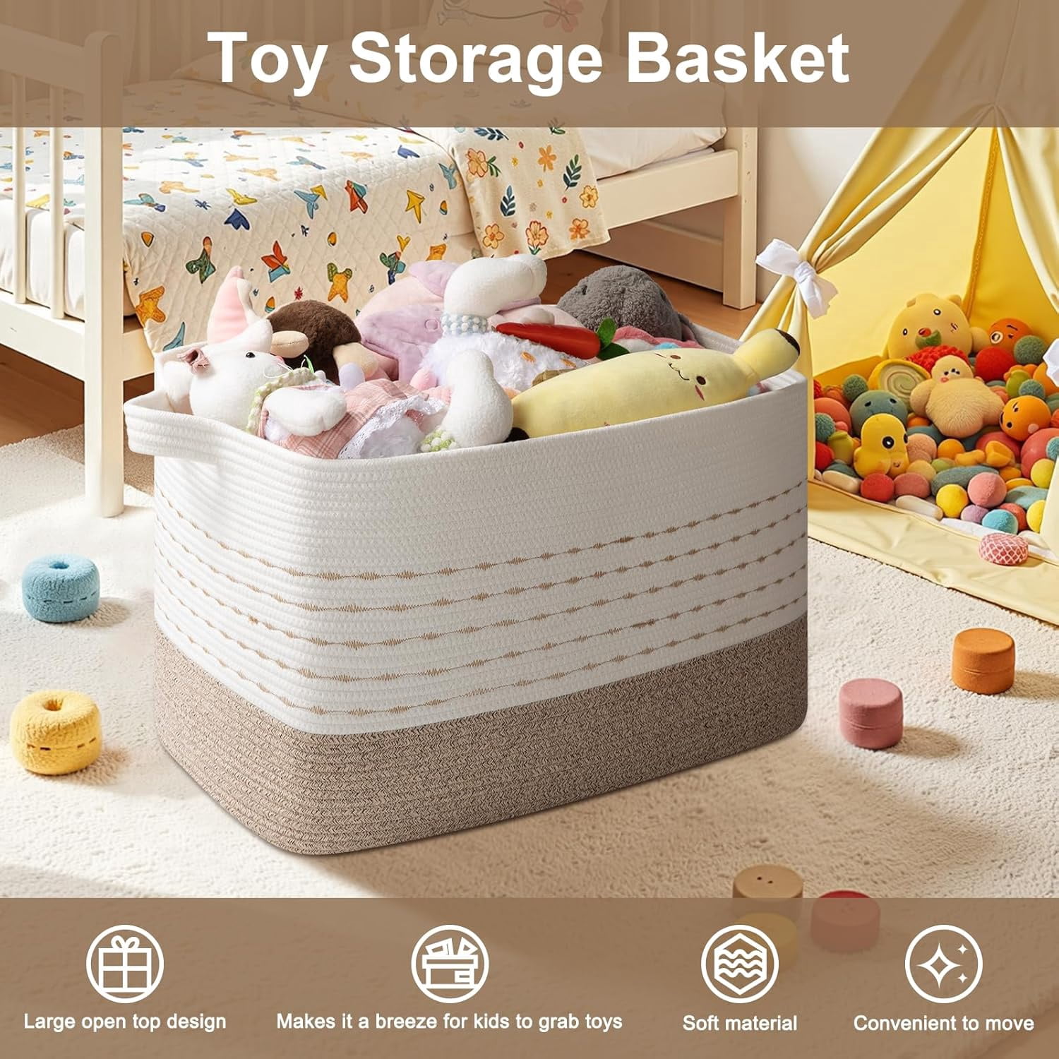108L Extra Large Blanket Basket, 25”x16”x16” Rectangle Woven Cotton Rope Baskets for for Living Room, Toy Storage with Handle- Gradient Light Brown
