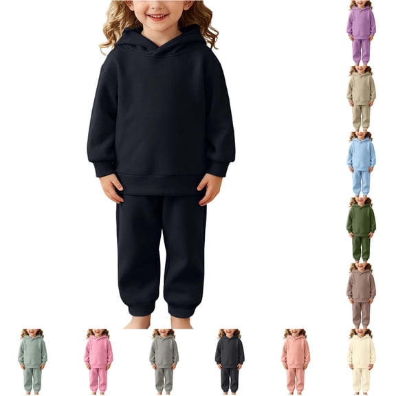 Krdevn Boys Girls 2 Piece Solid Blank Pullover Hoodie and Elastic Jogger Pants Plain Customizable Kids Casual Sweatsuit Set 2-3 Years,Black