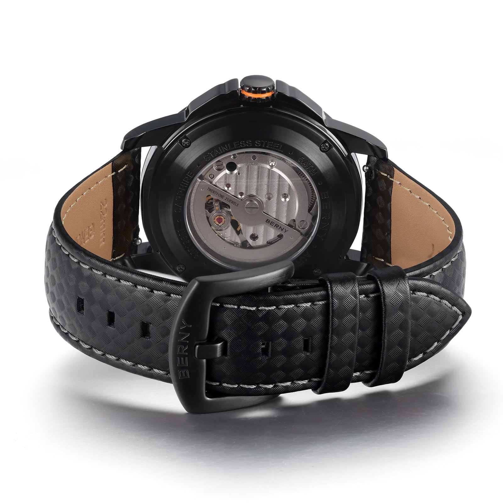 BERNY Mens Skeleton Automatic Watch, Luxury Fashion Self Winding Mechanical Watch with Leather Strap, Exhibition Caseback, Sapphire Crystal, Luminous 50M Waterproof Watches for Mens Gifts (Balck)