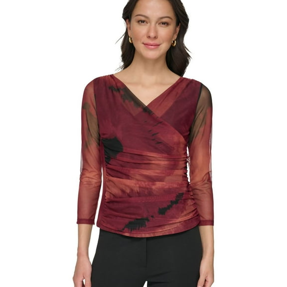 DKNY Womens Printed Mesh Wrap Blouse, Black, Medium