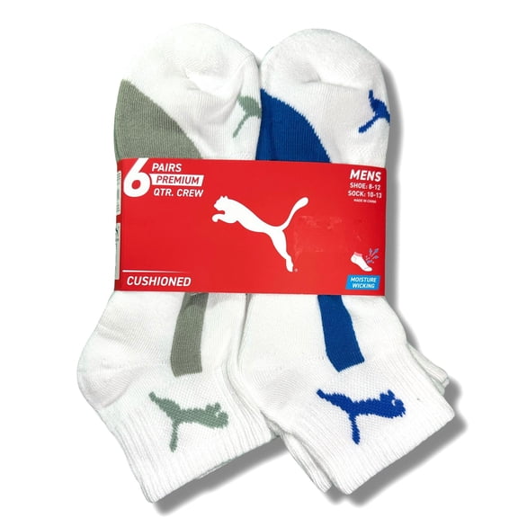 PUMA SOCKS MEN'S - QUARTER CUT - PIPE 253 - GREEN BLUE - LARGE (10-13) PACK 6 XX