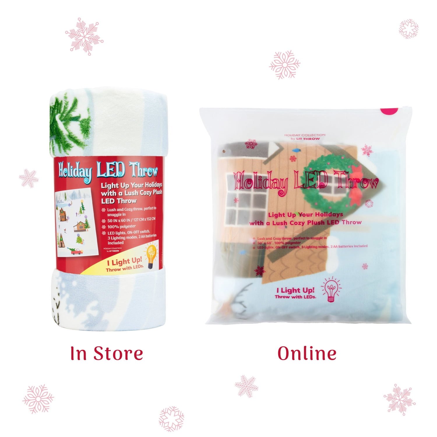 Lit Holiday LED Throw, Christmas Village Blanket with Soft Fabric, 3 Lighting Modes, 50” x 60”