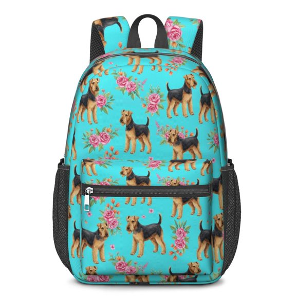 Airedale Terrier and Roses Blue Pattern 17" School Backpacks for Teens,Waterproof Oxford Fabric,S-Shape Padded Straps for School,Travel,Hiking,Camping