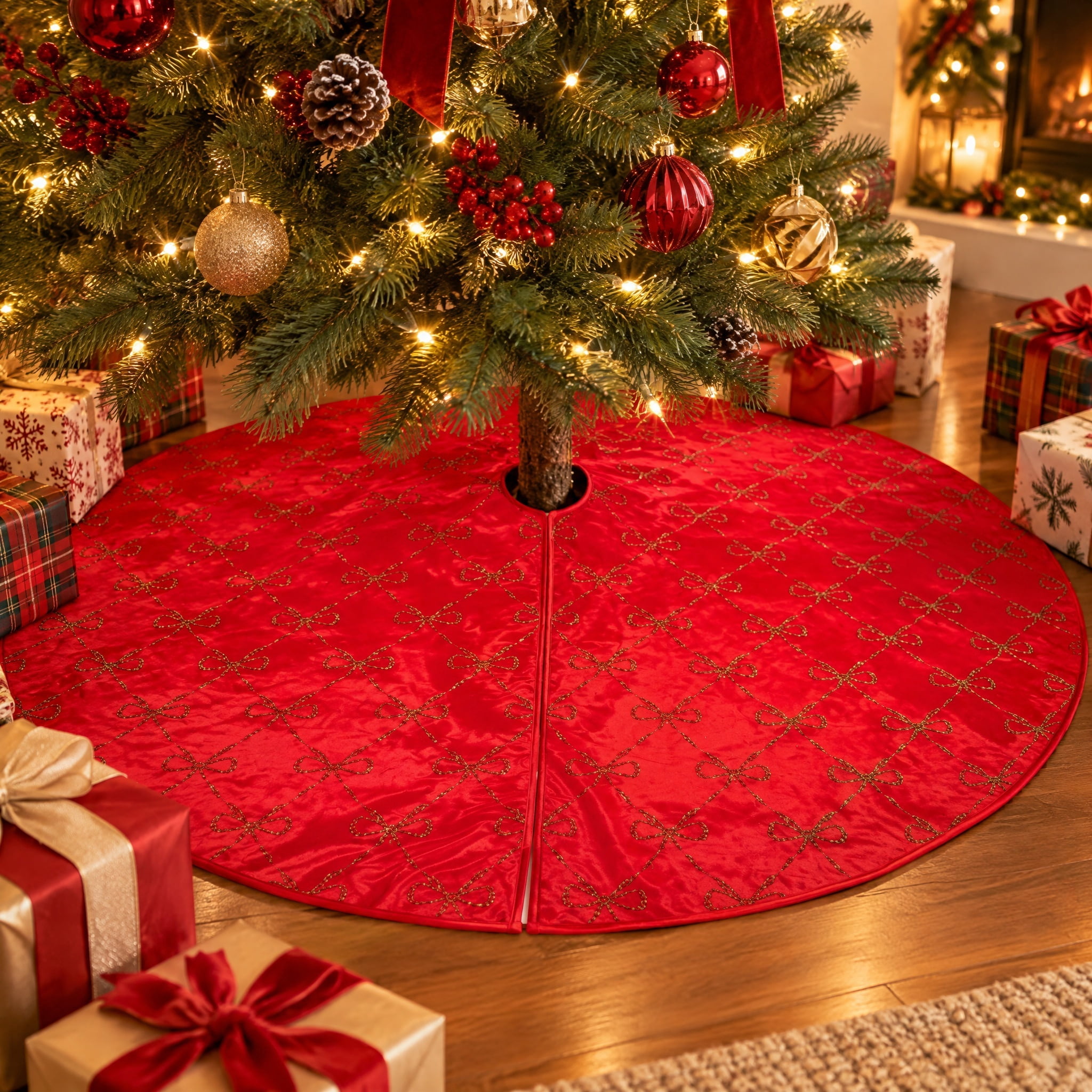 Satin Glitter Bow Christmas Tree Skirt, Red and Gold, 48", by Holiday Time