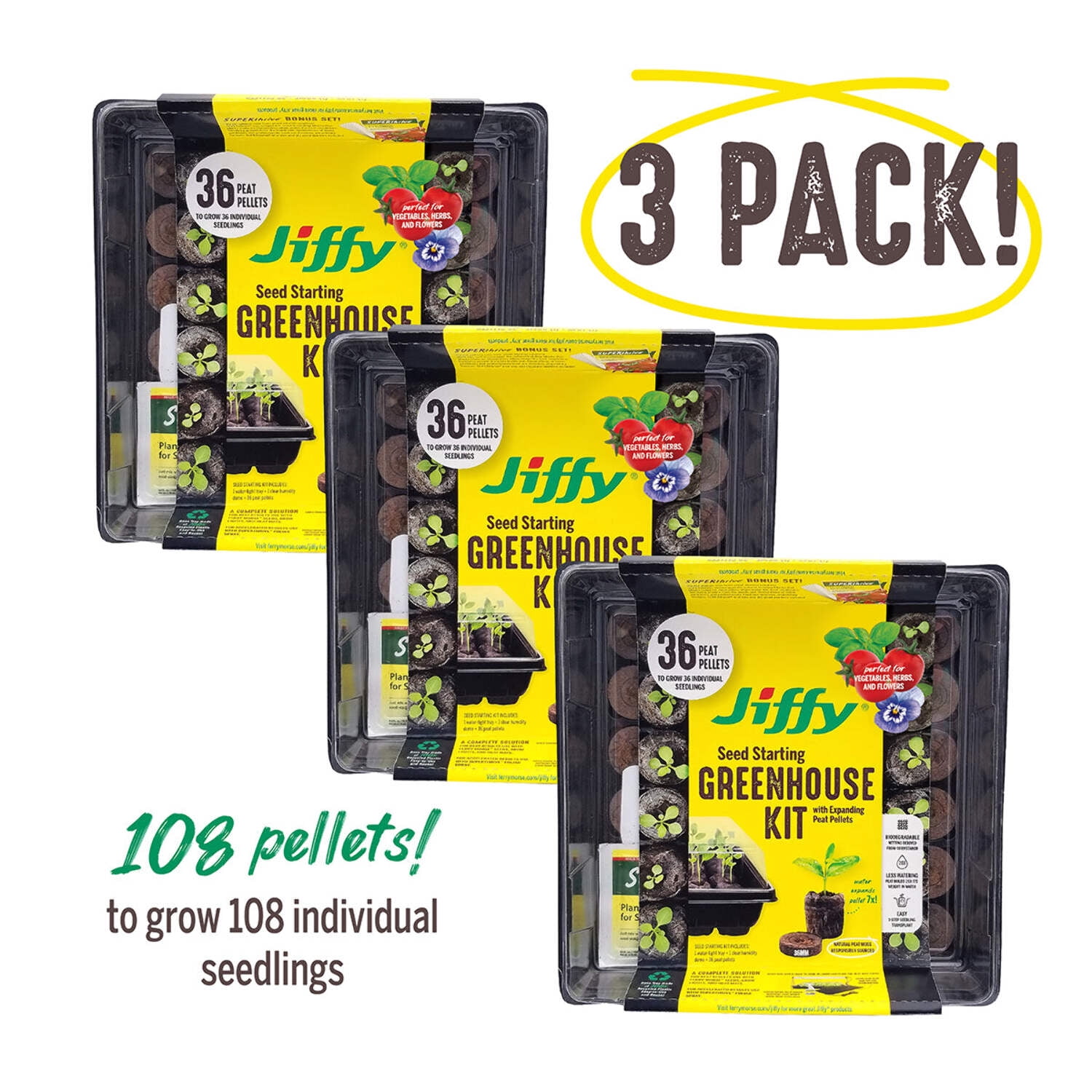 Jiffy 36 Cell Plastic Seed Starting Greenhouse Kit, 36mm Peat Pellets (Pack of 4)