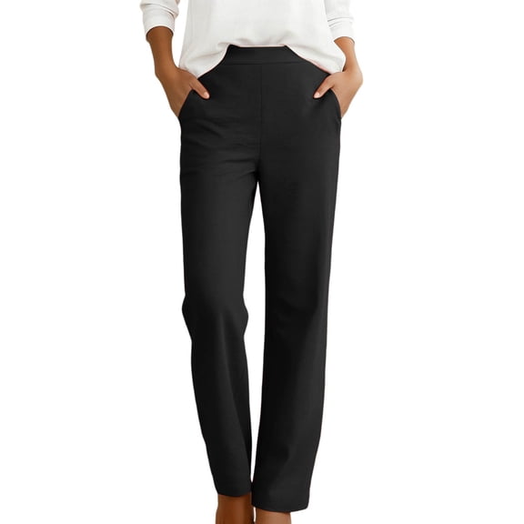 LIIPEE Womens Pants Casual Solid Color Ankle Straight-Leg Pull-On Khakis Female Mid Elastic Waist Regular Soft Daily Breathable Comfortable Pants With Pockets,L