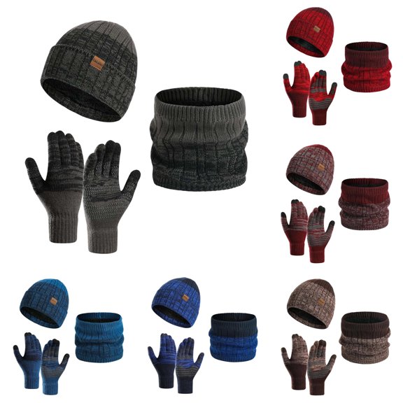 Daznico Thick Knitted Beanie Neck Warmer and Touchscreen Gloves Set Lined Windproof Thermal Winter Accessories for Daily Outdoor Activities in Cold Weather