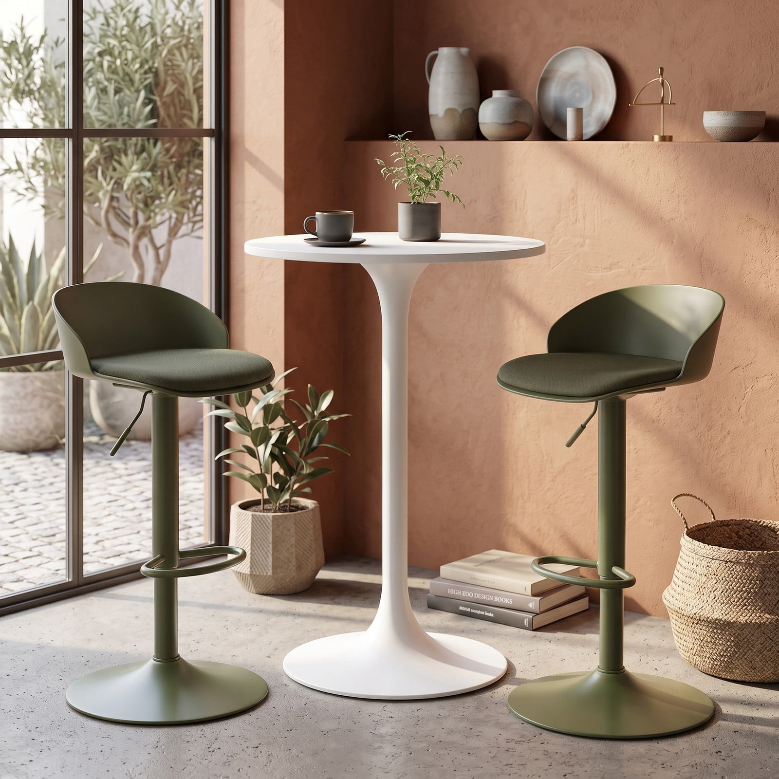 Furnibear Set of 2 Adjustable Swivel Bar Stools with Back and Footrest, 360 Degree Rotating Counter Height Barstools for Kitchen Island Dining Pub, 330, Olive Green
