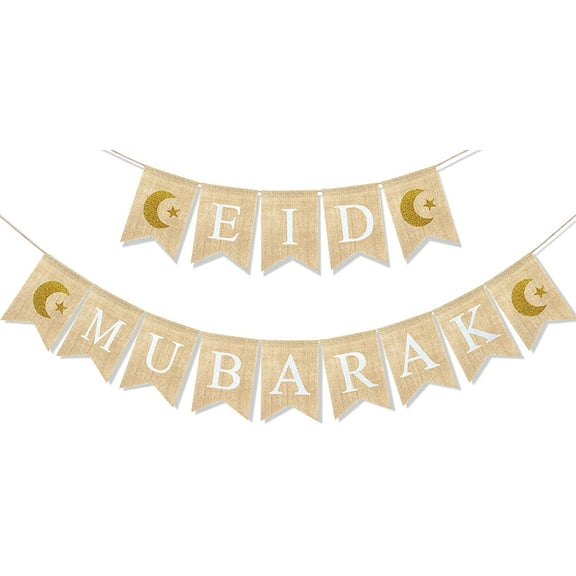 Eid Mubarak Banner Burlap Eid Mubarak Decorations for Home Mantel Fireplace Decor Rustic Ramadan Moon Star Hanging Bunting