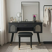 Kadyn Makeup Dressing Table Set, Vanity Set,Elegant Vanity Makeup Table & Chair Set, Modern Dressing Table with Charging Port, Black