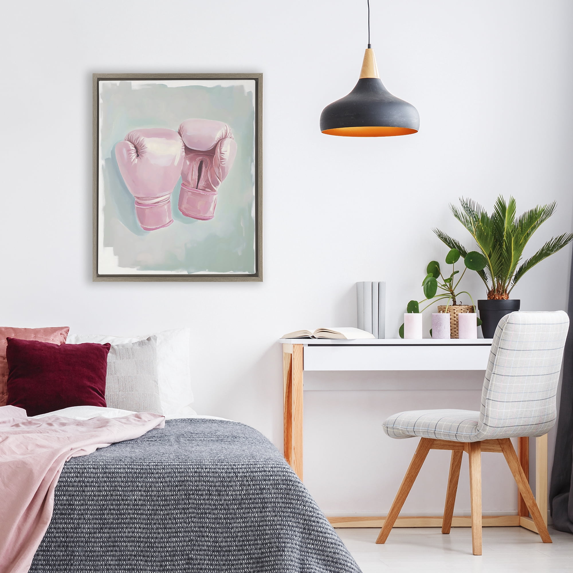Stupell Industries Feminine Pink Boxing Gloves Brown Framed Floater Canvas Wall Art, design by The Prints Vibe