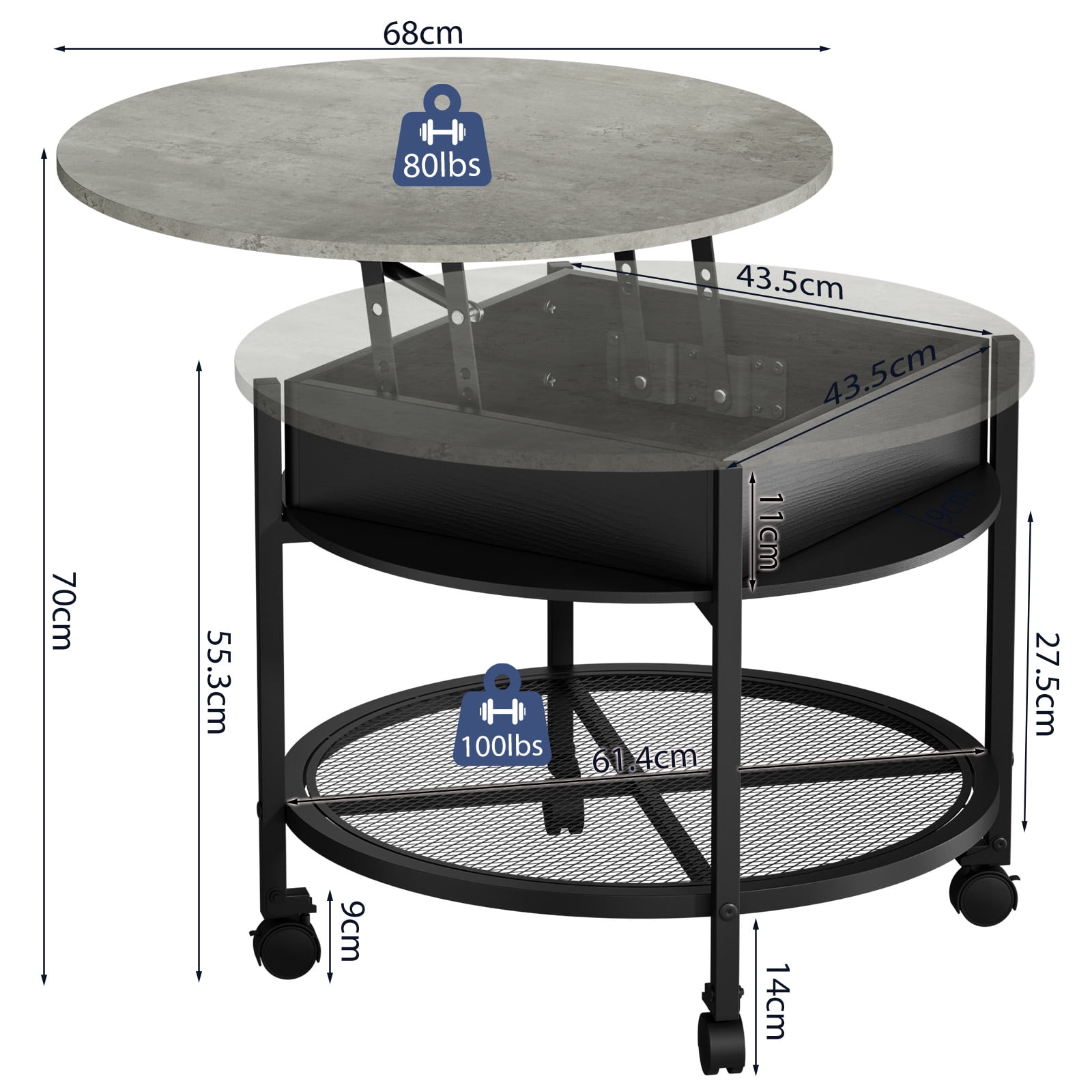 Ktaxon Mid-Century Coffe Table with Lift Top, 26.7" Round Coffee Table with Storage and Rolling Wheels, Modern Center Table for Small Spaces, Retro Gray