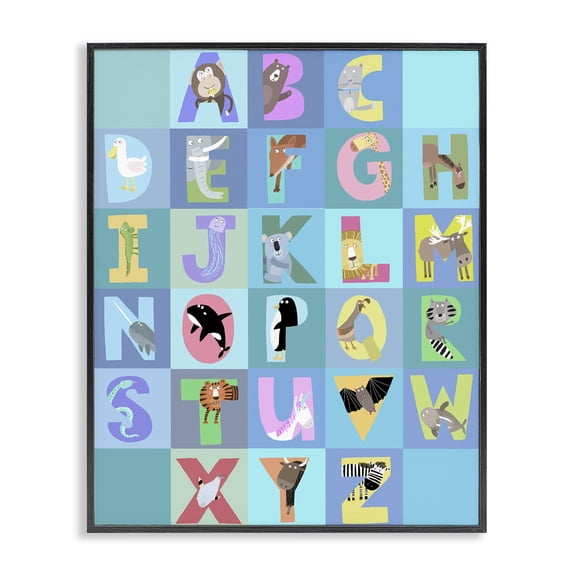 Stupell Industries Animal Alphabet in Blue Black Framed Giclee Art, design by Carla Daly