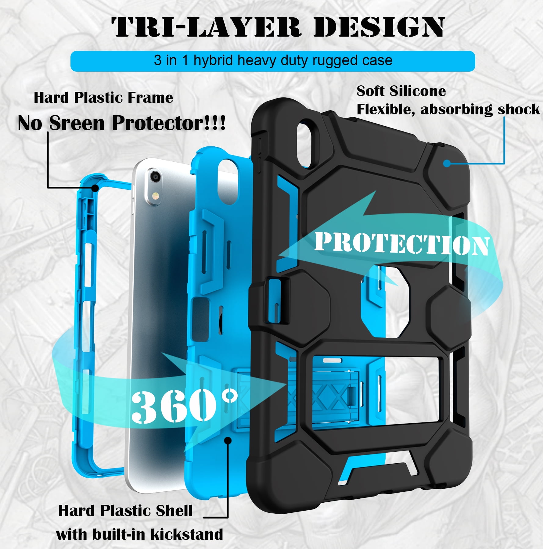 Rantice Case for iPad (A16) 11th/10th Generation(2025/2022), iPad 10th Case with Kickstand & Pencil Holder, Heavy Duty Shockproof Hybrid Three Layer Protective Cover for Girls Women, Black+Sky Blue
