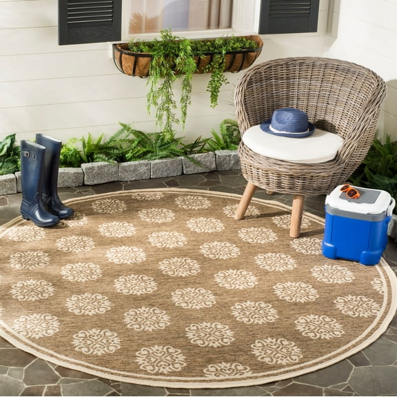 SAFAVIEH Beach House Callahan Geometric Indoor/Outdoor Area Rug Beige/Cream, 6'7" x 6'7" Round