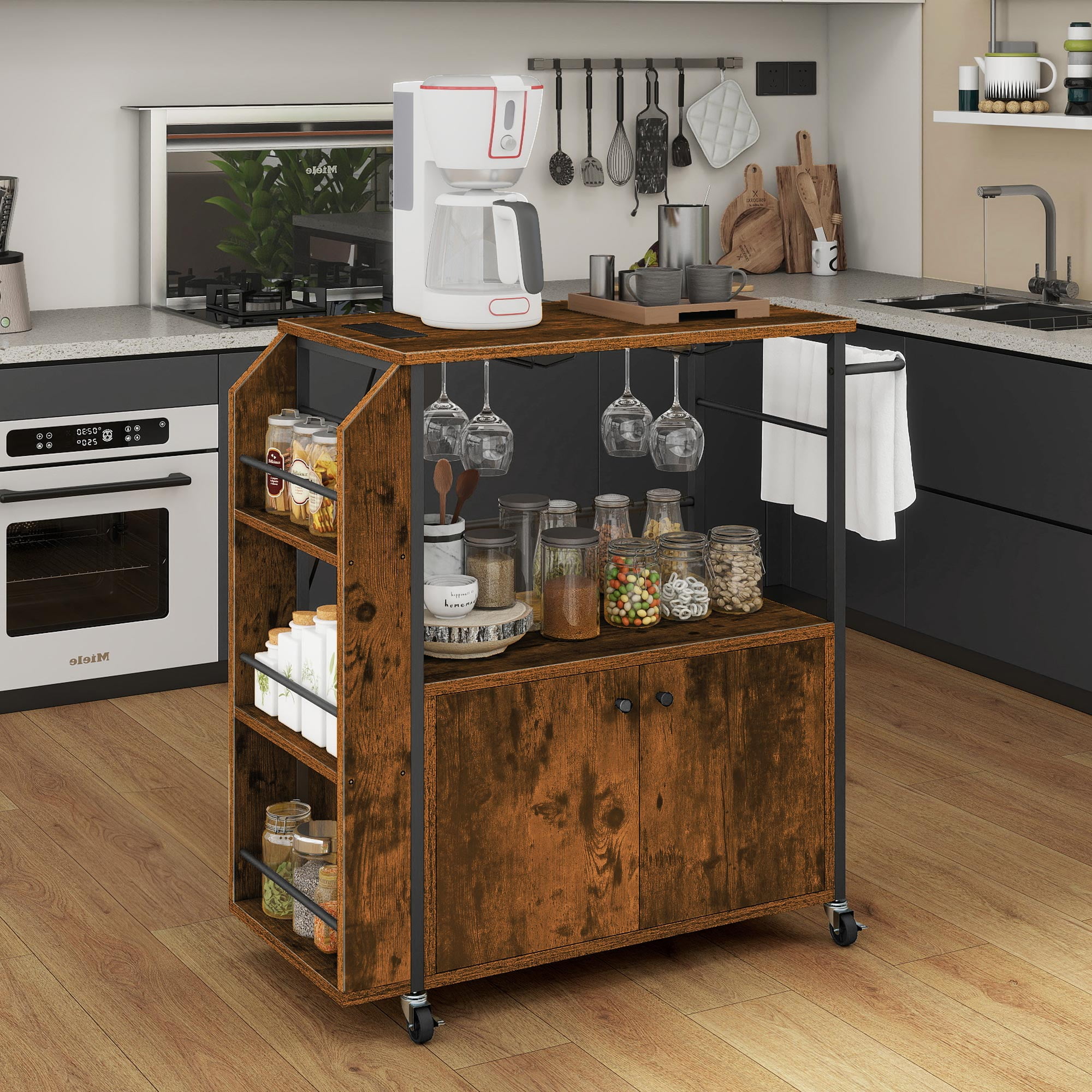 Uforic Kitchen Storage Cart with Power Outlets & Doors, Kitchen Trolley with Storage Shelves, Brown