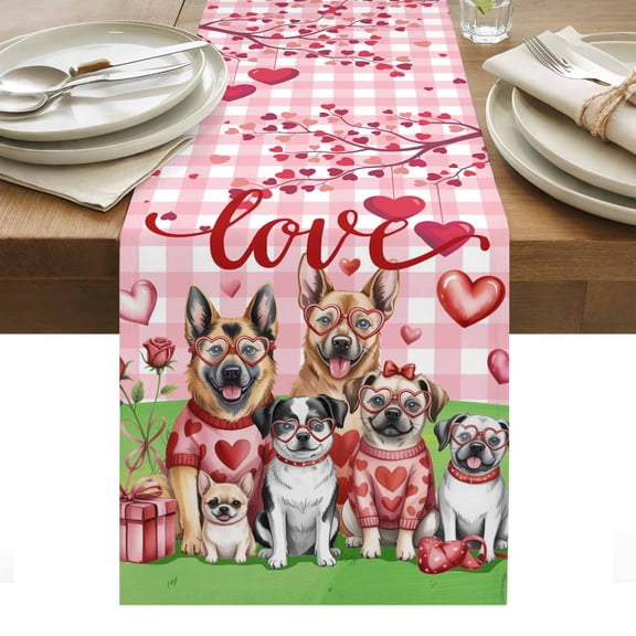 Valentine's Day Table Runner - 48 Inch Long, Kitchen Dining Table Runner Dresser Scarves, Funny Dogs Love Roses Spring Pink Plaid Farmhouse Decor for Coffee Tables Wedding Party Banquet