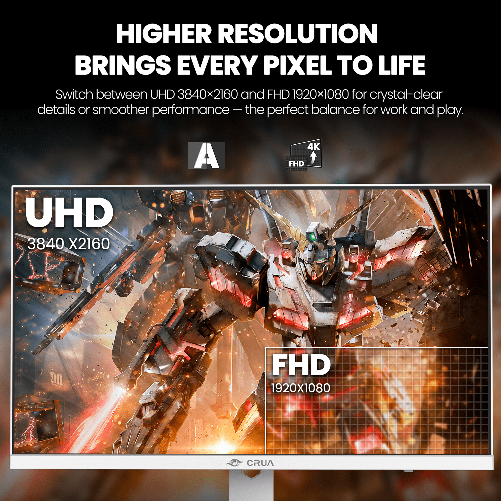 CRUA 27” Gaming Monitor, UHD (3840x2160) Dual Mode (4K 160Hz or FHD 320Hz), 120% sRGB, Support FreeSync, Built-in Speakers, Height adjustable, RGB Lighting, HDMI & DP, Wall Mount Install-White