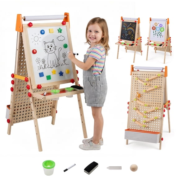 Gymax 4-in-1 Wooden Kids Art Easel w/Paper Roll Storage Tray & Marble Run Accessories