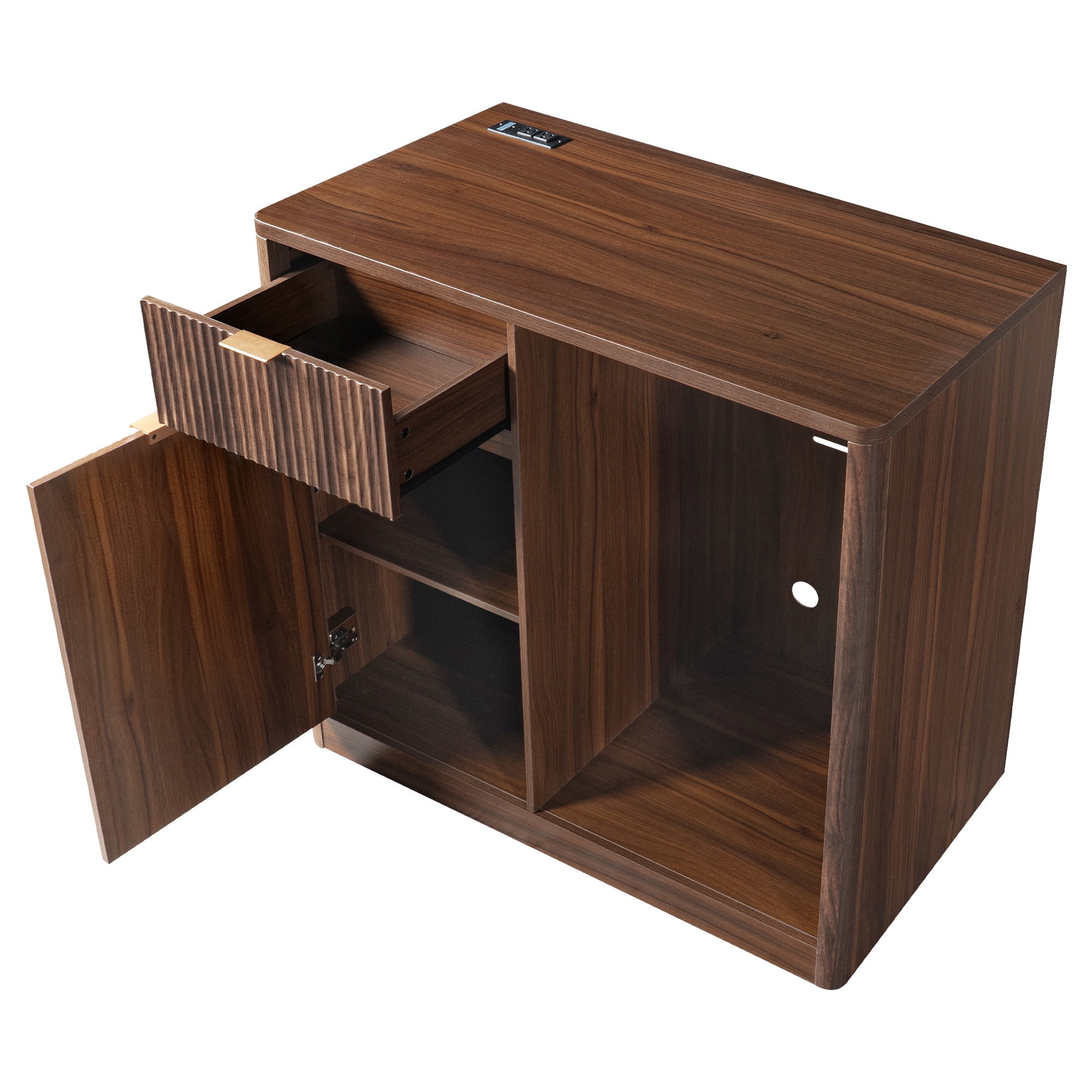 Euroco 39.4" Coffee Bar Cabinet with Mini Fridge Space,Fluted Sideboard Buffet & Liquor Cabinet with Charging Station and Wine Glass Holder for Living Room Kitchen,Walnut Brown