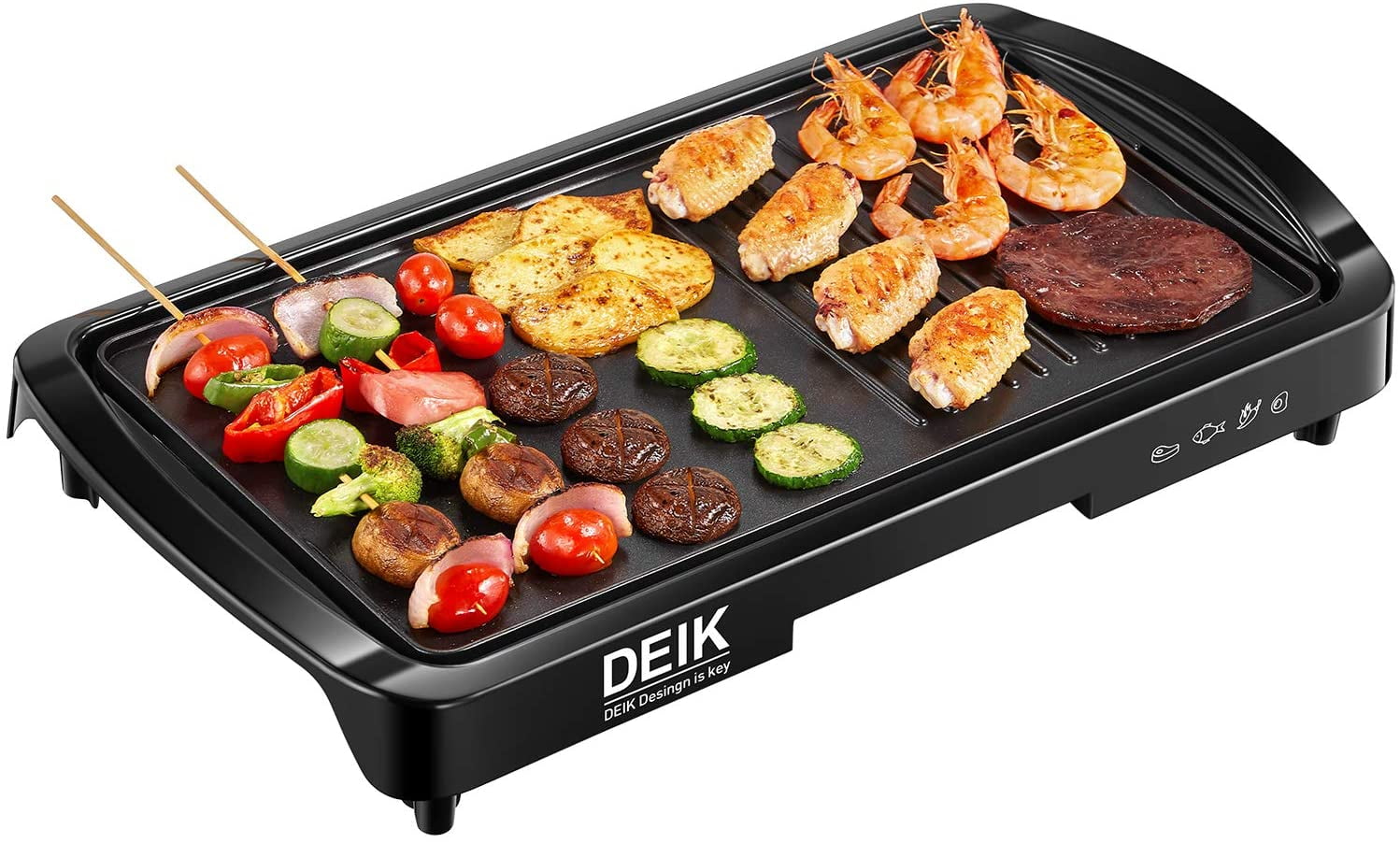 Spatula 1200W Smokeless Grill with Double-Sided Heating Plates Easy-to-Clean Nonstick Plate Extra-Large Drip Tray Thermostat Control Black Deik 2 in 1 Electric Indoor Grill & Panini Press Grill 