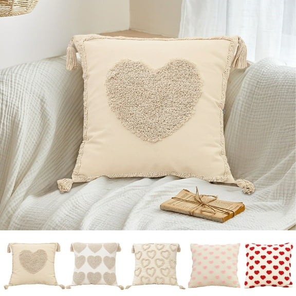 Taotanxi 1 Pcs Heart Throw Pillow Covers Neutral Love Pillow Covers Decorative Mother Day Embroidery Cushion Case Rustic Farmhouse Boho Gift Home Decor for Couch Sofa, 18 x 18 Inches