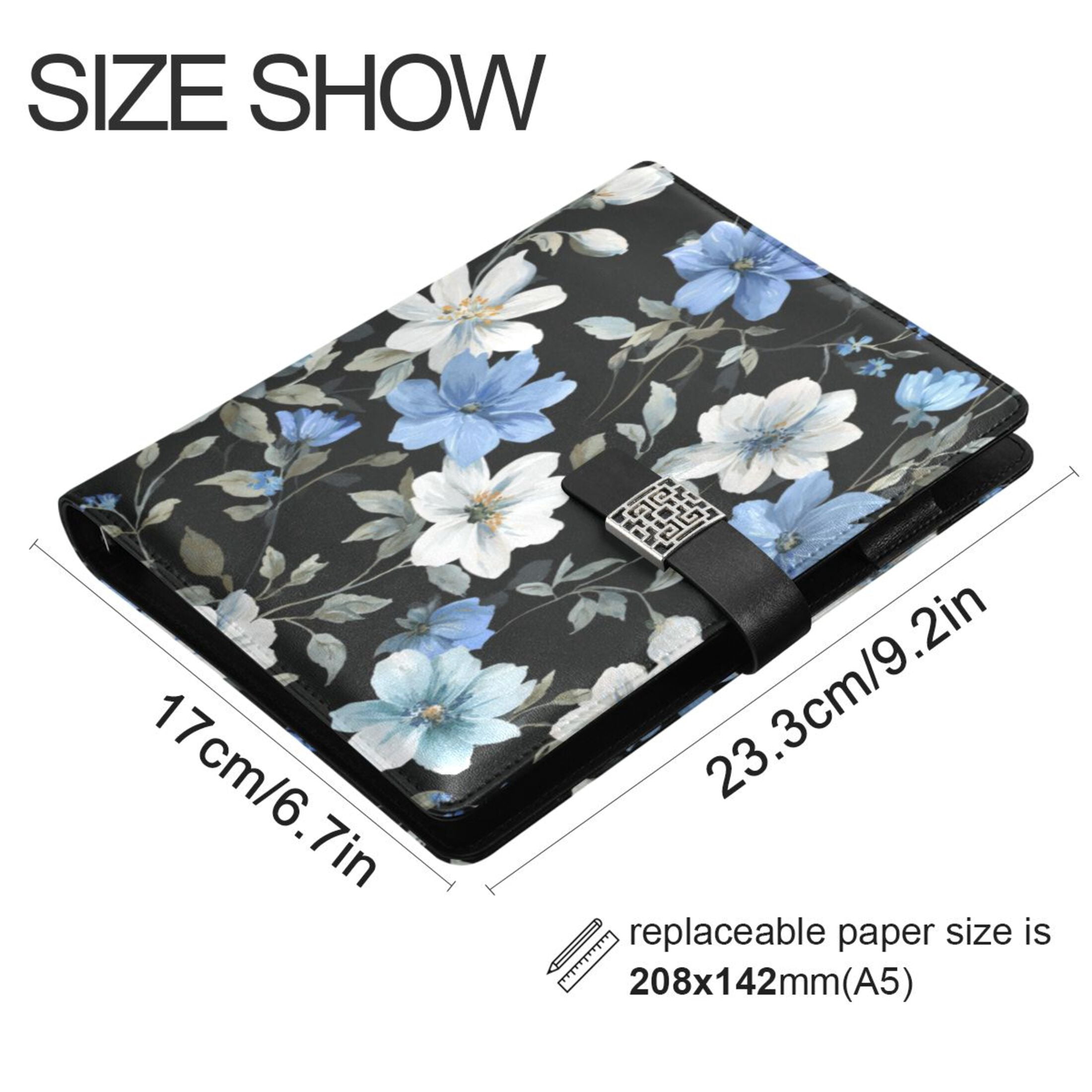 Leather Planner Leather Notebook Notebook Journal Binder Design Pen Pocket Design Convenient for Storage White Blue Flower Pattern