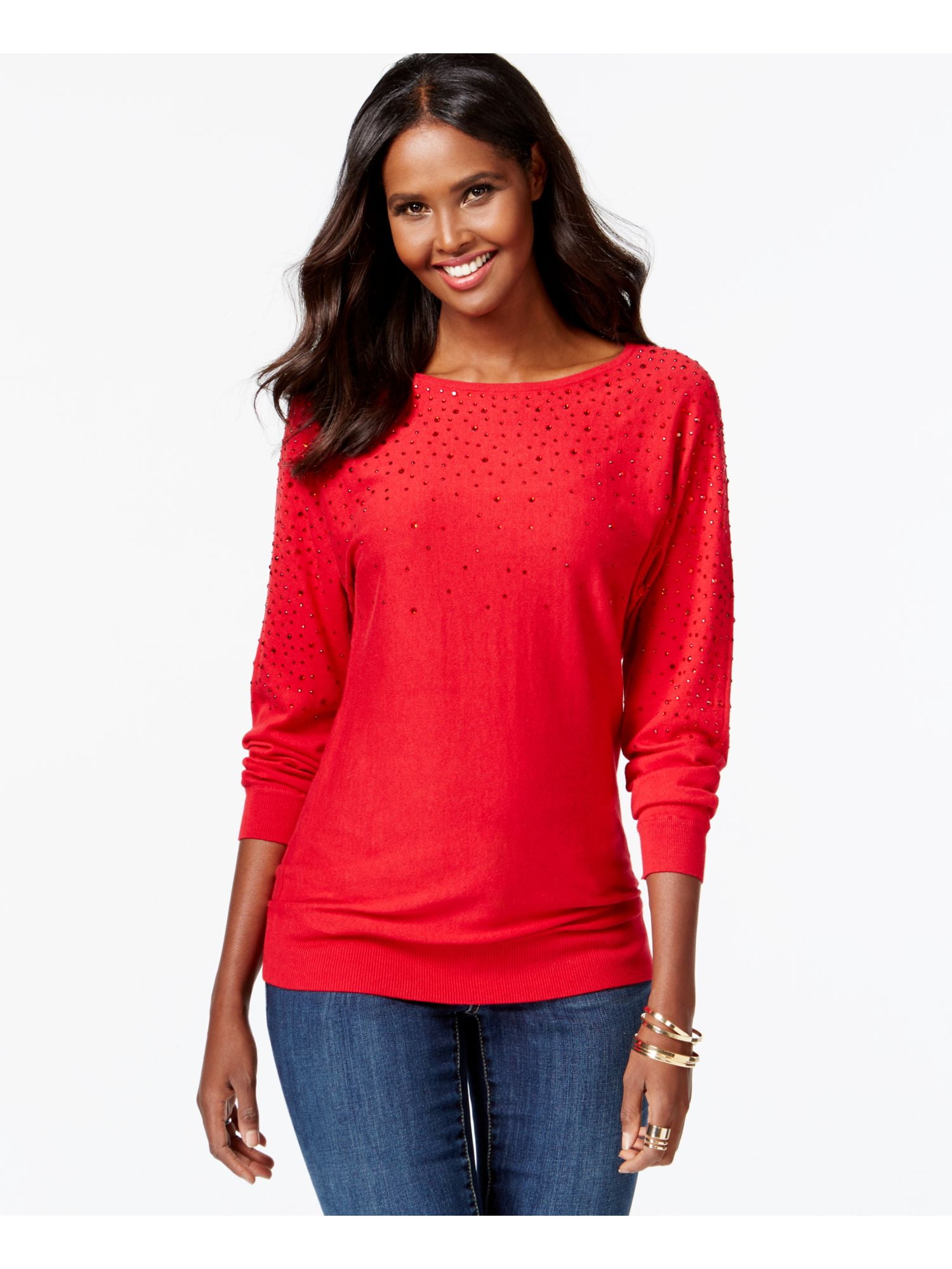 INC INC Womens Red Jewel Studded Long Sleeve Boat Neck Tunic Sweater