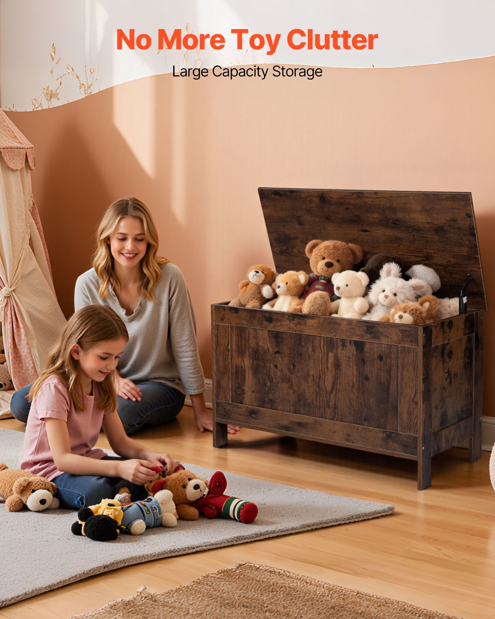VEVOR Kids Storage Bench, Wooden Toy Box Chest, Large Storage Cabinet with Safety Hinge, Toddlers Retro Storage Bench for Playroom, Living Room or Entryway, 29.7 x 15.3 x 18.9", Easy Assembly, Brown