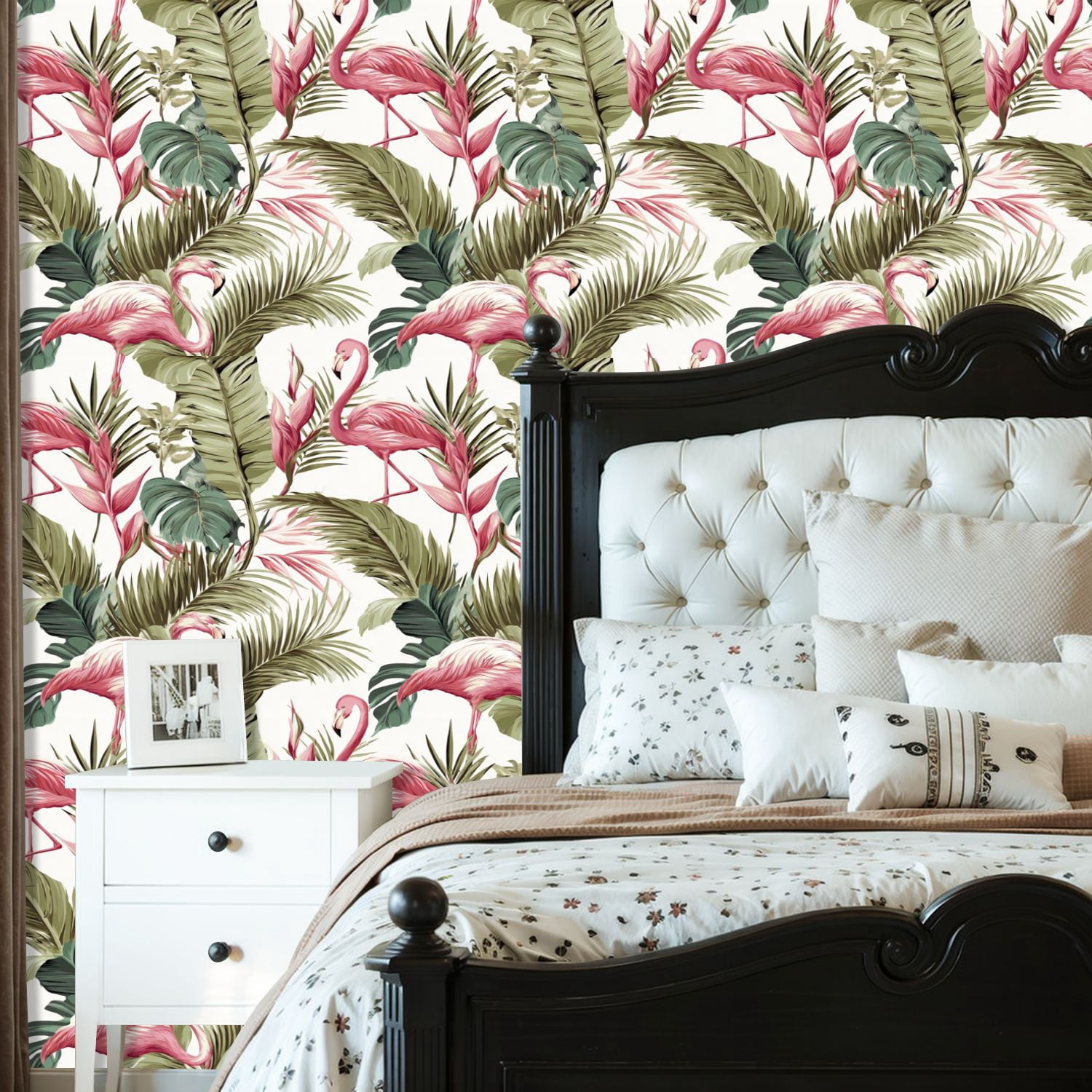 Vintage Peel and Stick Wallpaper Tropical Flamingo Palm Leaf Pink Green Foliage Wall Mural 23.6in x 9.8ft Self Adhesive Removable Wall Paper Renter Friendly Wallpaper for Nursery Bedroom Cabinets